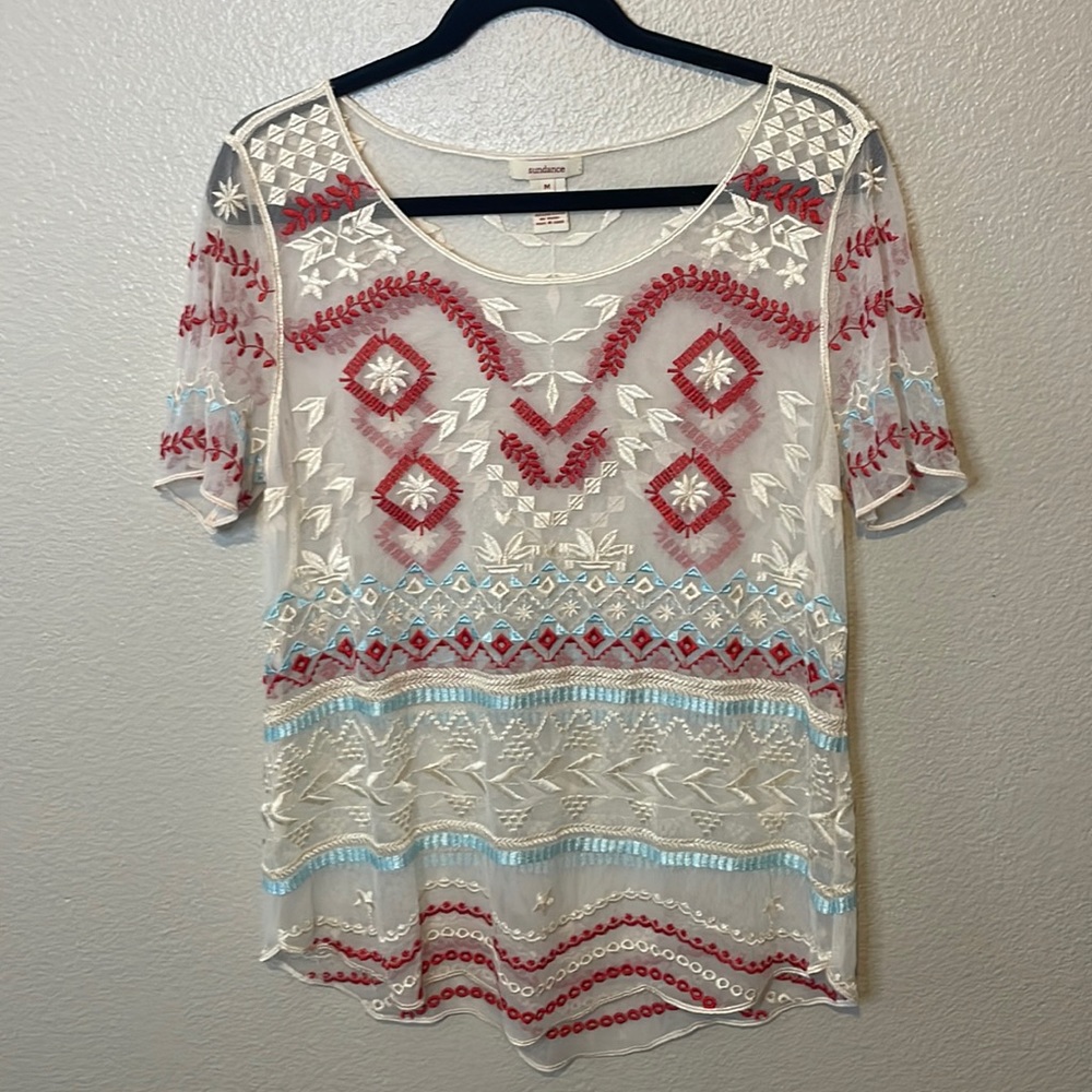 Sundance Sheer Cream Embroidered Boho Short Sleeve Blouse | Size Medium